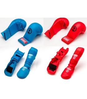 Pack KAMIKAZE de mitaines rouges et bleus et Protèges tibia et pied combinés rouges et bleus (RFEK approved)