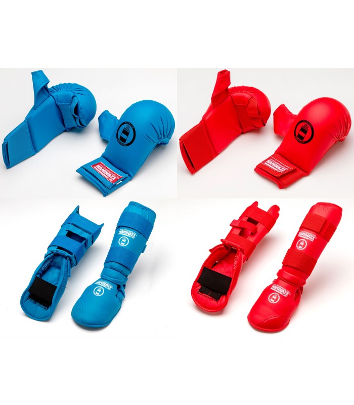 Pack Kamikaze guantini rossa e blue e parastinchi e protezioni per il piedi rossa e blue (omologata RFEK)