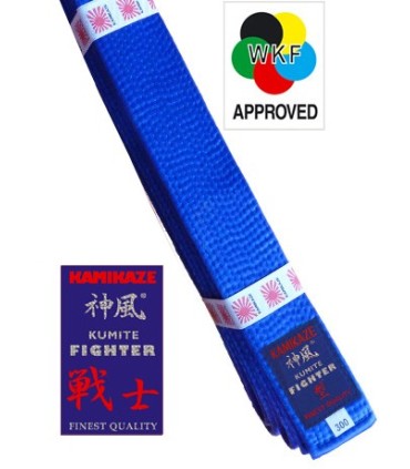 KAMIKAZE BLUE competition belt "KUMITE FIGHTER" SILK-SATIN, WKF APPROVED