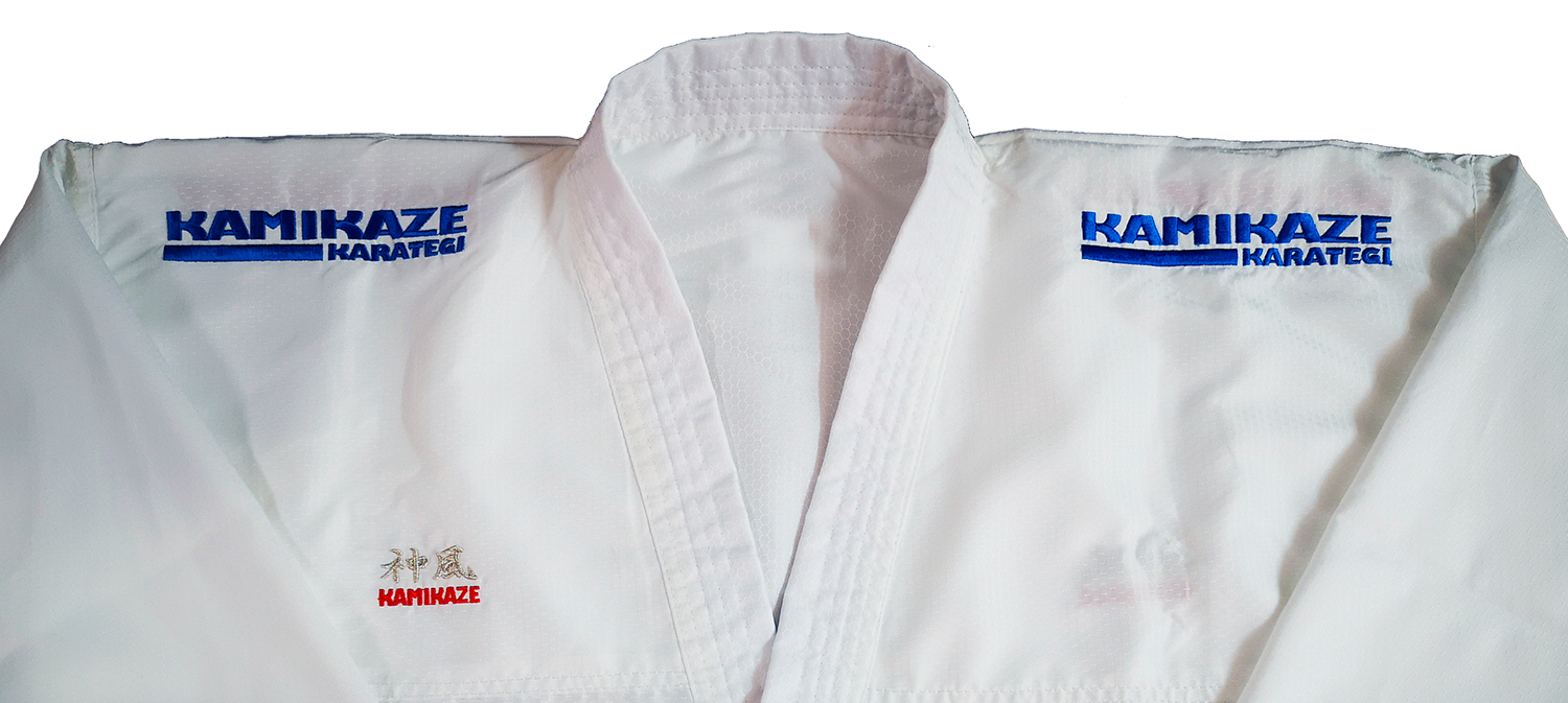 Kamikaze Karategi brand logo embroidery in BLUE on both shoulders